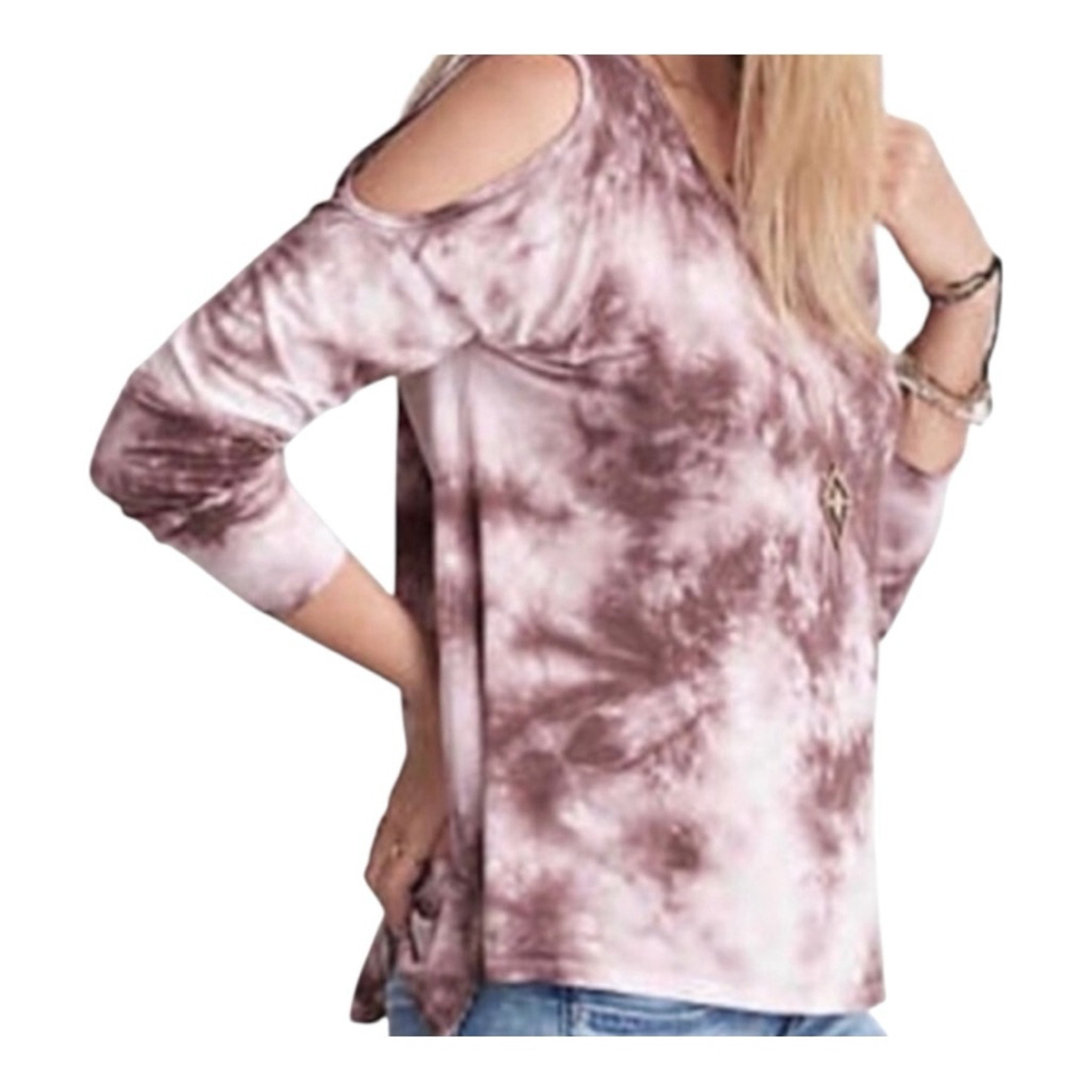 American Eagle Tie Dye Cold Shoulder V-Neck Top Pink Mauve White Size M